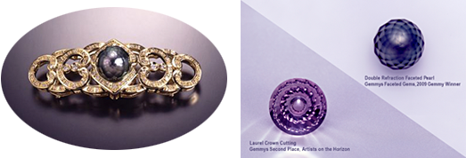 黒蝶真珠の華真珠（カットパール）。華真珠、K18使用の帯留め（左）、米国カットコンテスト「Gemmys」受賞作品・ダブルリフラクションカット（右）